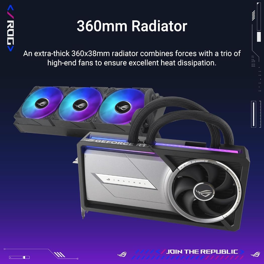 ASUS ROG Astral LC GeForce RTX 5090 OC 32GB GDDR7 Gaming Graphics Card, 360mm AIO Liquid Cooling, PCIe 5.0, 2X HDMI 2.1b, 3X DisplayPort 2.1b, Includes RGB GPU Holder