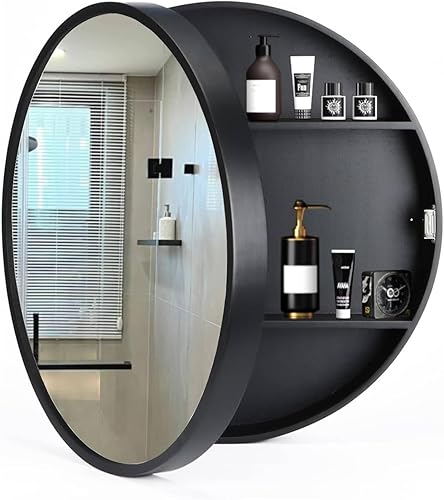 Gabinete de medicina para baño, ahorro de espacio, armarios redondos con superficie de espejo, marco circular de madera maciza montado en la pared,