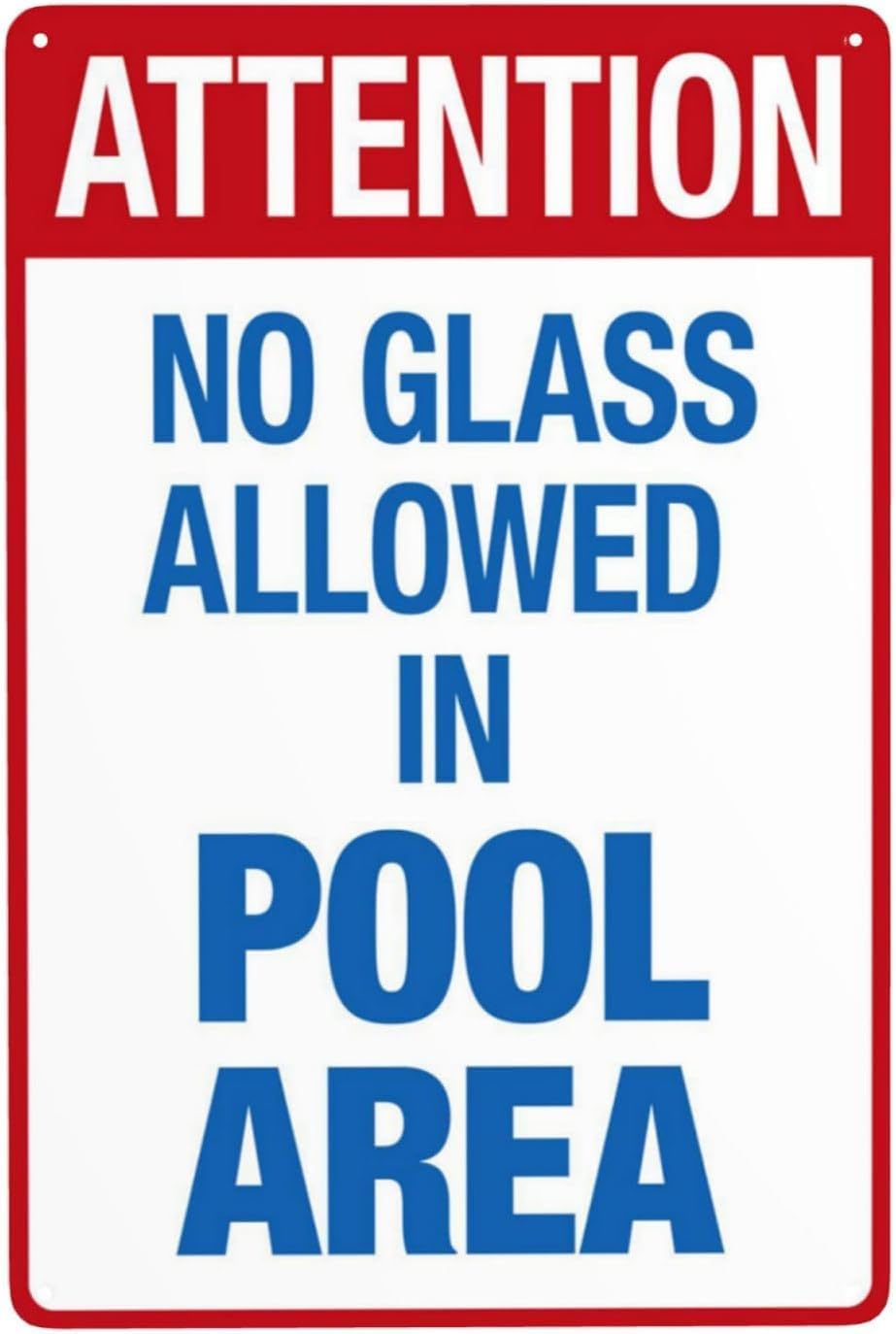 No Glass Allowed in Pool Area Rust Free Aluminum Sign - Retro Pool Rules Decor with Pre-Drilled Holes for Home/Business Pool - 16x12 Inch​