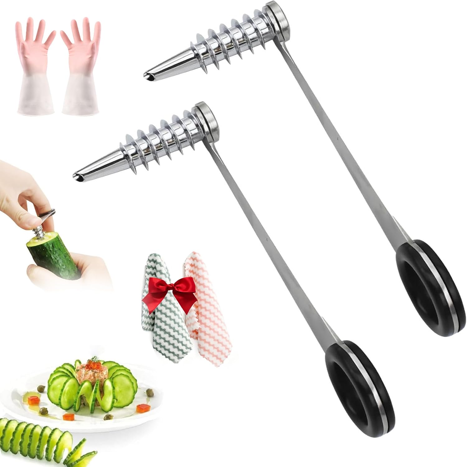 Piranha Spiral Cutter, 2 PCS Spiral Potato Cutter, Spirals Slicer for Vegetables, Stainless Steel Curly Fry Cutter, Rust-Resistant, For Potato Cucumber Carrot Onion and Vegetable (4pcs)