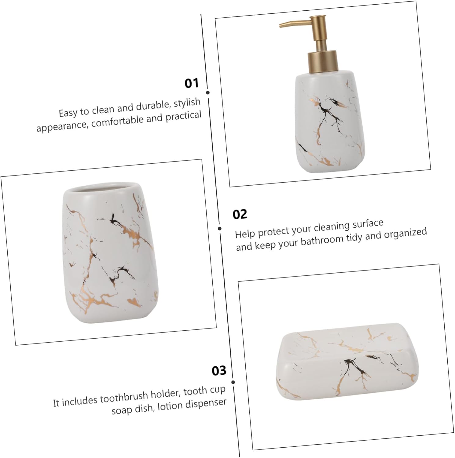 Alipis 3pcs Bathroom Accessory White Glossy Marble Look Soap Dispenser Lotion Bottle Toothpaste Cup for Organized Clean Vanity Countertop