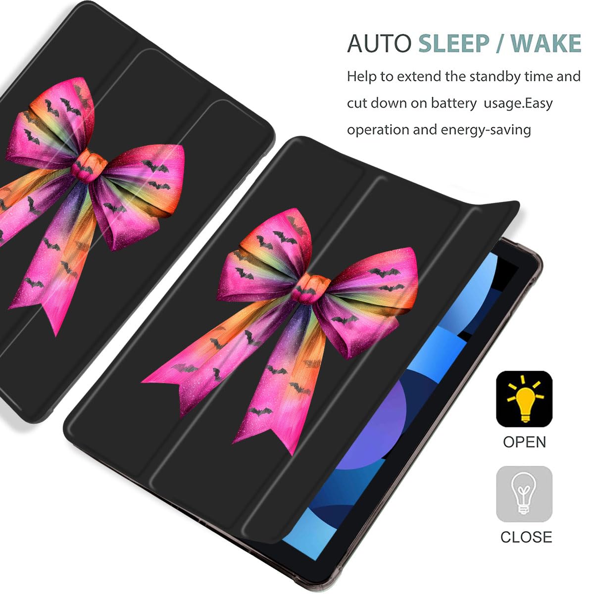 Coque fine d'Halloween pour iPad 10,2" 2021/2020/2019 avec porte-crayon, chauve-souris et nœud violet original pour iPad 9e/8e/7e génération, coque de protection arrière en TPU souple, mise en