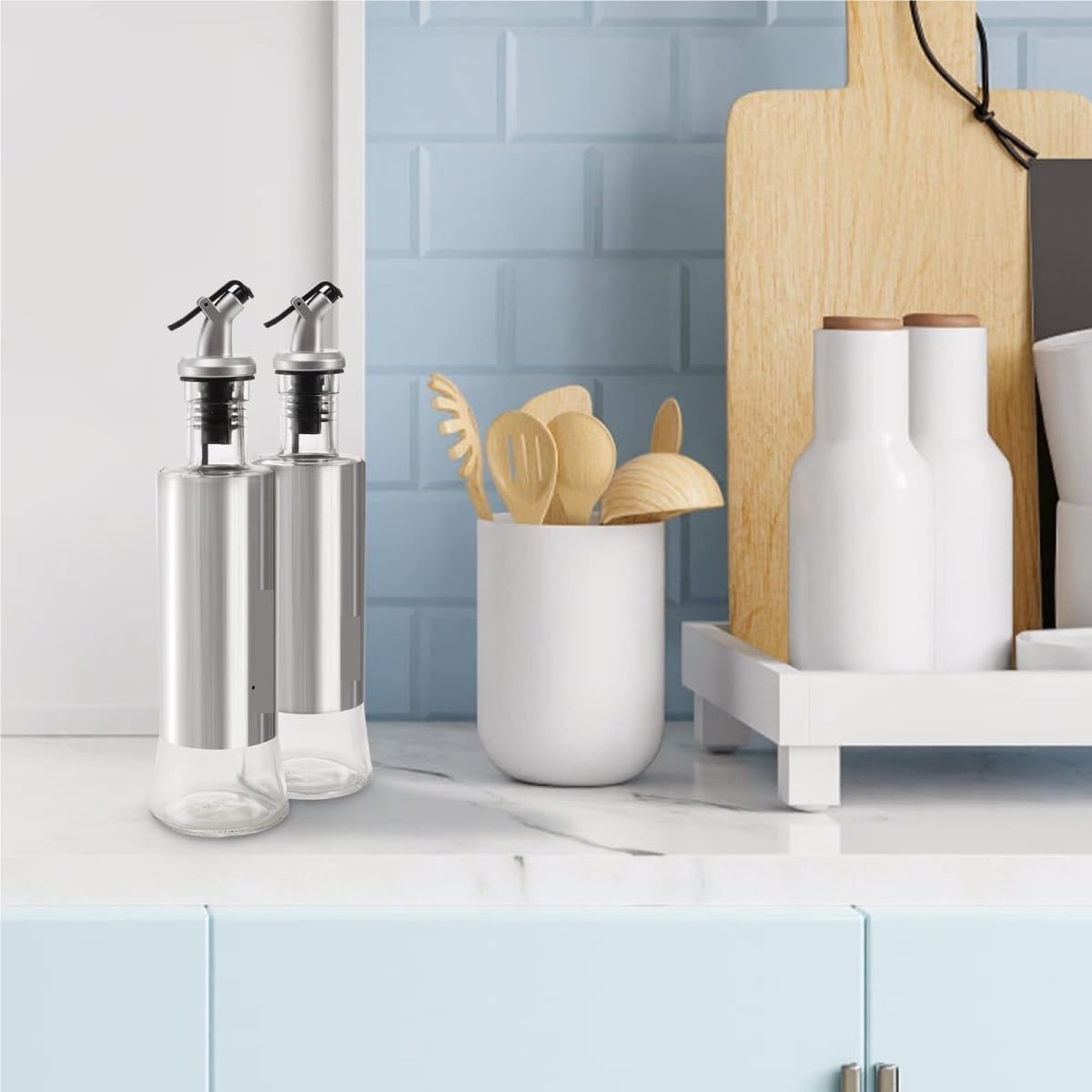 Juego de 5 dispensadores de aceite de vidrio y botellas de vinagre, elegante dispensador de condimentos para cocina, juego perfecto de aceite de oliva y vinagre para cocinar y aderezar ensaladas