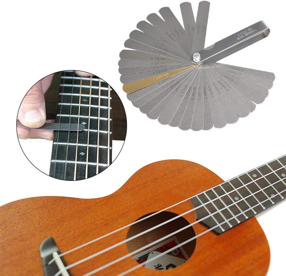 Uiegurit 15 Pieces Guitar Radius Gauge Set Including String Action Ruler, 32 Blades Feeler Gauge, Fingerboard Fret Protector Guards and Grinding Stone for Guitar and Bass Setup