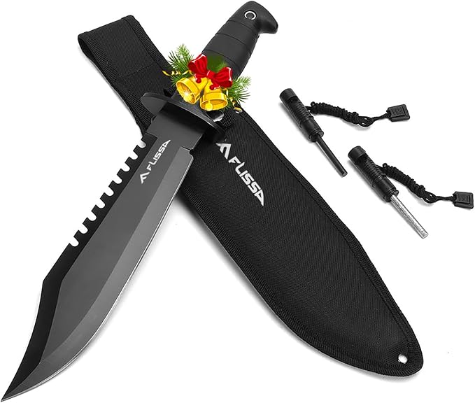 FLISSA Survival Hunting Knife with Sheath, 15-inch Full Tang Fixed Blade Tactical Bowie Knife with Sharpener & Fire Starter for Camping, Outdoor, Bushcraft