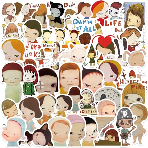50pcs Yoshitomo Nara Stickers Pack Aesthetic Vinyl Waterproof Decals for Water Bottle Laptop Phone Skateboard Scrapbooking Bumper Decor for Kids Teens Adults Fans for Party Supply Decor