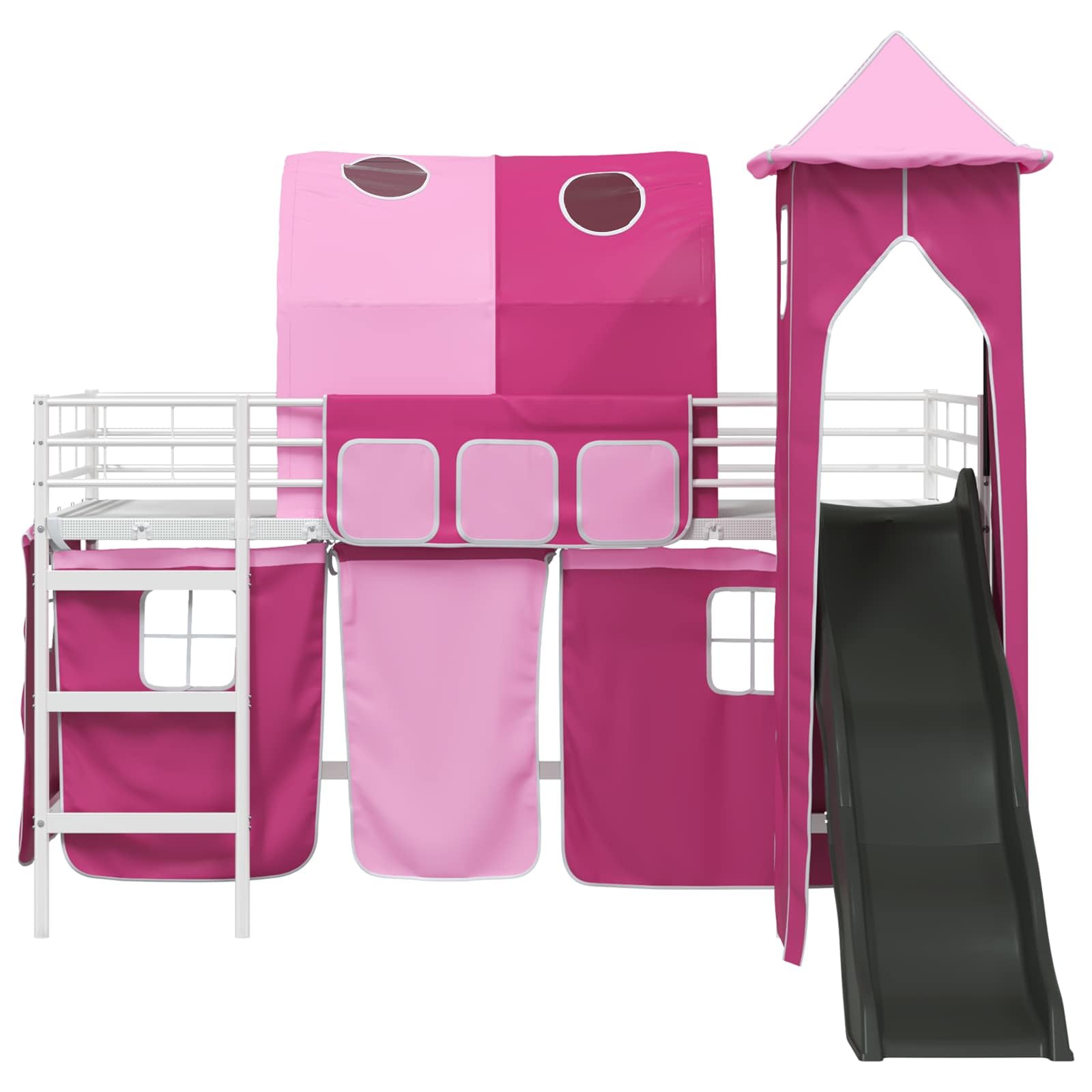 Kinderloftbett Weiß Rosa 90 x 200 cm Metall Hochbett mit Rutsche Vorhängen und Turm für Kinderzimmer Spielbereich Lattenrost und mittelfeste Matratze platzsparend robust