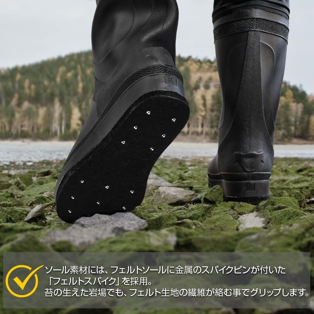 DRESS AIRBORNE Hip Wader, Felt Spikes Sole, XL, Black, Fishing, Torso Length, Boots, Waterproof, Sea Fishing, Mountain Streams, Wading, Floating, Multi-functional