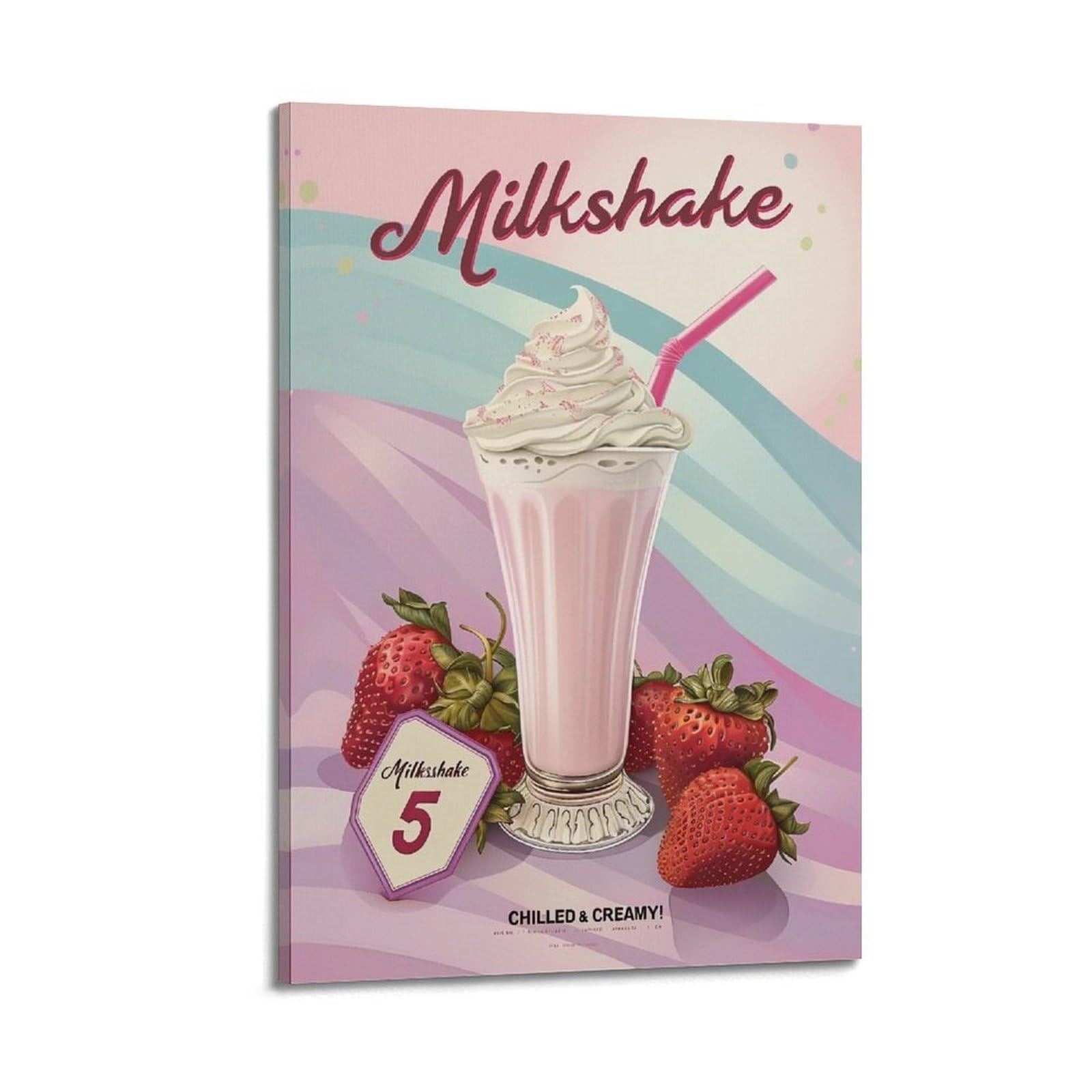 HUERYRYHY Chilled Creamy Strawberry Milkshake Poster Aesthetic Wall Art Painting Decor Vintage Canvas for Living Room Bed Room 16x24inch(40x60cm) Frame-style