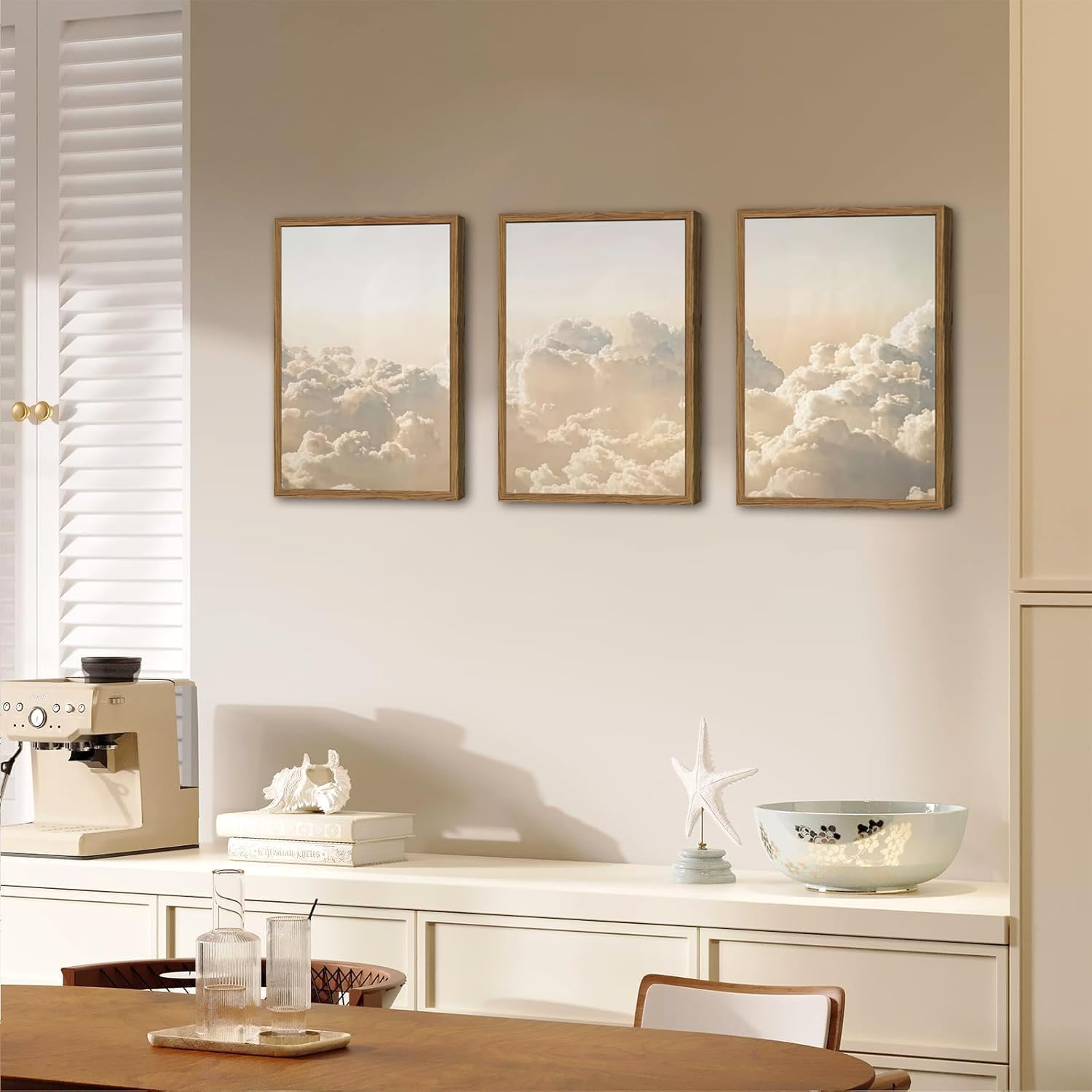 Beige Cloud Wall Art Set of 3, Vintage Abstract White Cloud Wall Decor Painting Neutral Minimalist Sky Poster Canvas Print Artwork for Bedroom Living Room 12x16 inch Wood Framed