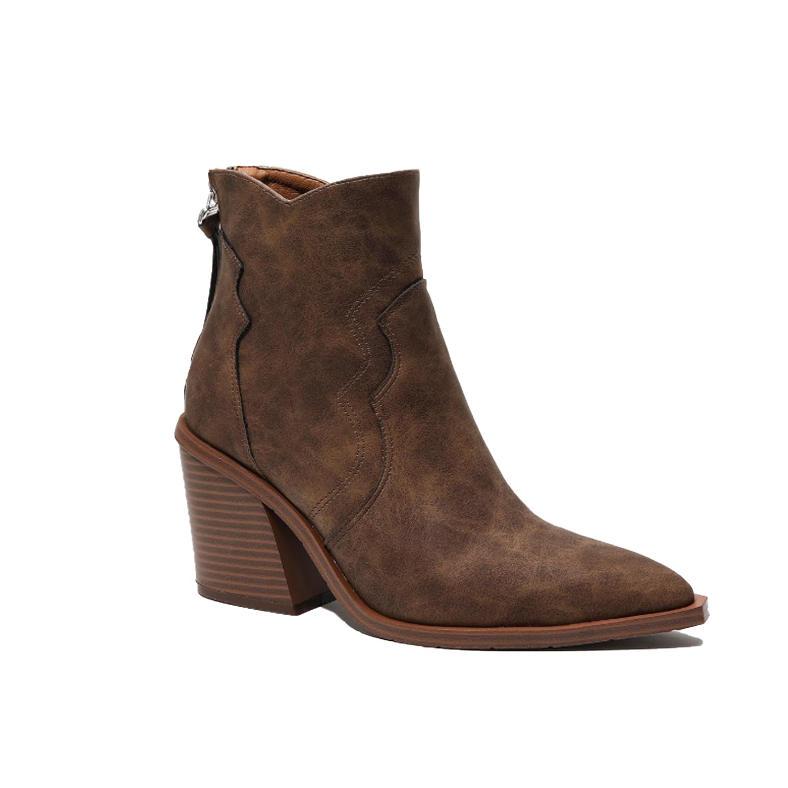 Womens Leather Pointed Toe Chunky Heel Dress Ankle Boots Pointed Toe Chunky Heel Booties With Rear Zipper Slip