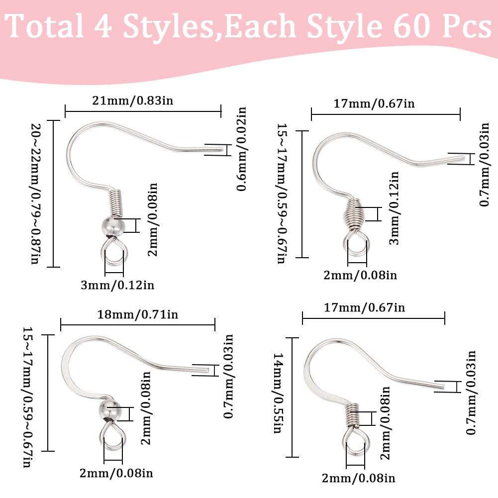 SUNNYCLUE 1 Box 240Pcs 4 Styles Stainless Steel Fish Hook Earrings French Earring Hooks Bulk Ear Wire Fishhook Silver Earwires Hook Earring Findings for jewellery Making Supplies DIY Dangle Earrings - Image 2