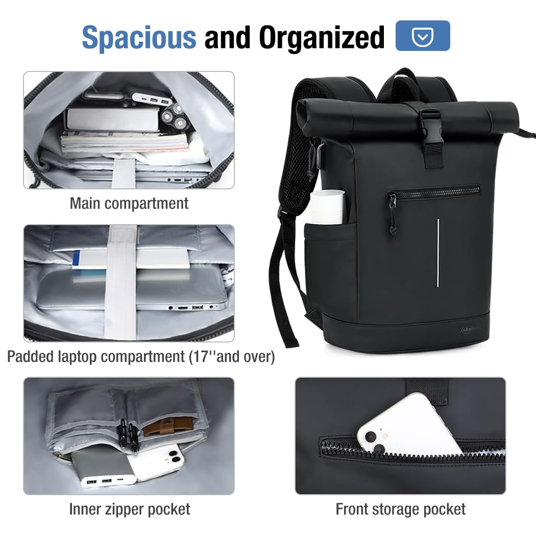 Lekeinchi Zaino Rolltop Uomo Donna Porta PC 17 Pollici | Zaino Impermeabile Uomo Donna - Rains Zaino con Strisce Riflettenti - Zaino da Viaggio Espandibile - Casual Lavoro Università - Nero XL