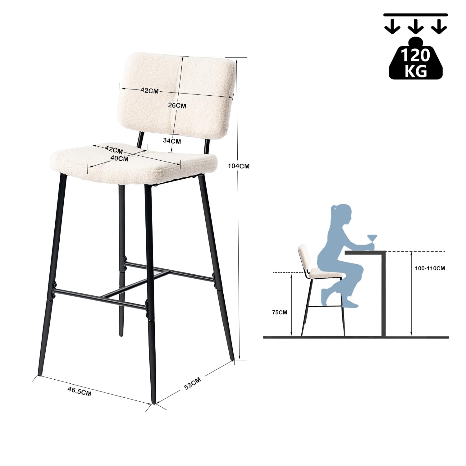 MEUBLE COSY Set van 2 barkrukken, hoge kruk met rugleuning en voetensteun, gevoerde keukenstoel met bouclé-stof, voor toonbank, eetkamer en huis, beige