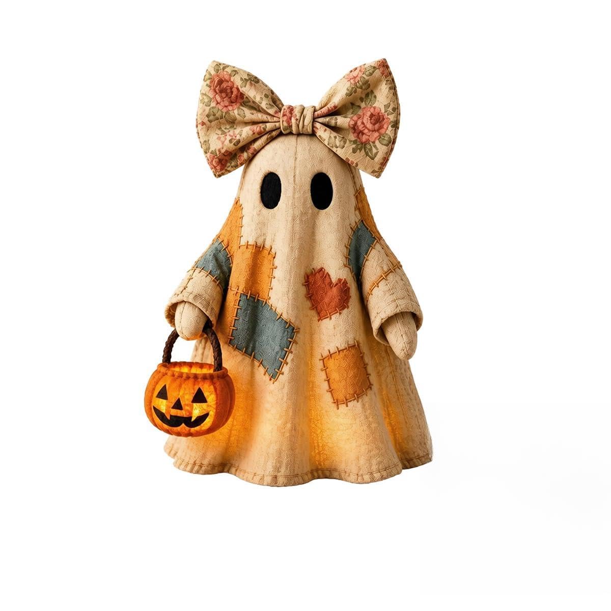 OEHUG Patchwork Ghost Light,Ghost with Pumpkin Lantern Halloween Decor (A)