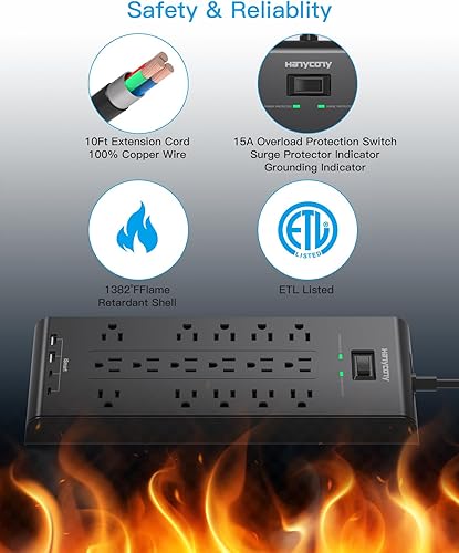 Miniatura 6 de HANYCONY - Regleta protectora de sobretensiones, cable de extensión resistente de 5 pies de enchufe plano con 16 tomas, 4 puertos USB (2 USB C),