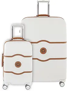 DELSEY PARIS Chatelet Hard+ Hardside Luggage with Spinner Wheels, Champagne White, 2 Piece Set, (21/28), with brake