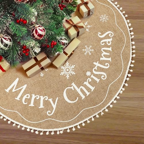 OurWarm Christmas Tree Skirt 48 Inches, Burlap Tree Skirt for Artificial Trees Printed with Snowflakes and Merry Christmas, Brown Rustic Tree Skirt for Christmas Decorations New Year Holiday Party