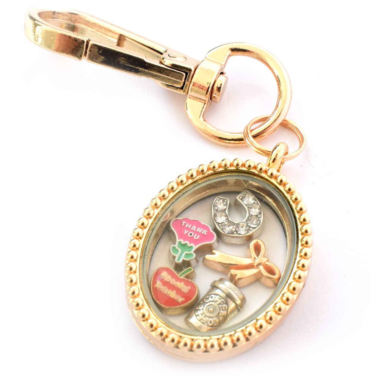 CharmedMemoriesSpecial Teacher Thank You Locket Key Chain/Keyring/Handbag Charm. Flower, Coffee, Bow, Apple, Lucky Horseshoe Floating Charms. Gold Oval