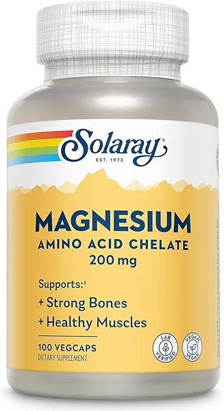 Solaray Magnesium Amino Acid Chelate 200 mg, Chelated Magnesium Supplement for Bone Health, Heart Health and Muscle Function Support, Vegan, 60-Day Money Back Guarantee, 100 Servings, 100 VegCaps