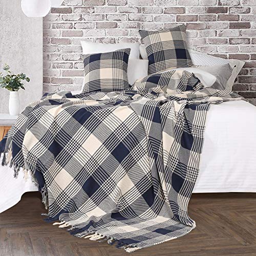 EHC Premium Reversible 100% Cotton Large 225 x 250 cm Tartan Throws for Sofa Bedspread, Navy Blue, Navy Blue / Natural - Image 3