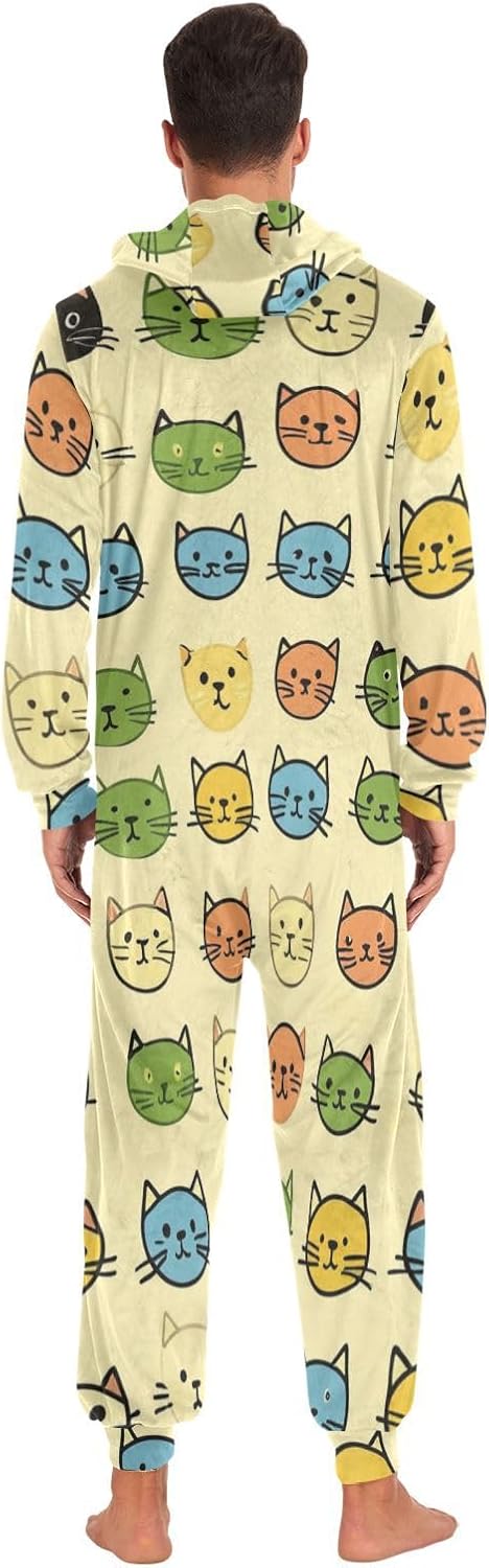 Doodle Colorful Cats Face Zipper Hooded Adult Jumpsuit Pajamas with Pockets XS-3XL