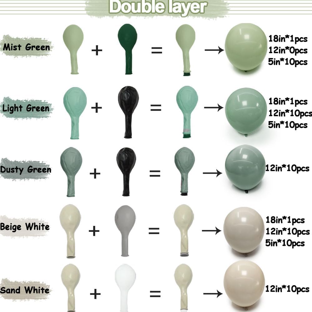 Dusty Green White Sand Balloon Garland - Double Stuffed Light Sage Green White Cream Balloon Arch Kit Latex Olive Beige Balloons for Baby Shower Birthday Woodland Wedding Wild One Party Decor
