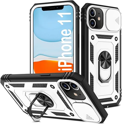 PASNEW Funda para iPhone 11 con cubierta para lente de cámara, soporte magnético y puerto de carga a prueba de polvo, carcasa rígida militar de