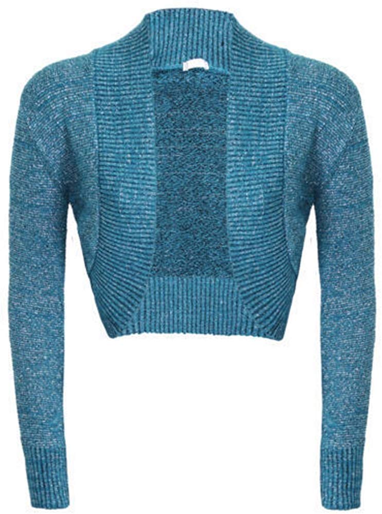 GOSTYLES® Womens Long Sleeve Knitted Lurex Shrug, Ladies Stylish Dressy Cover Up Lightweight Metallic Sparkly Bolero Cardigan (Teal, XXL)