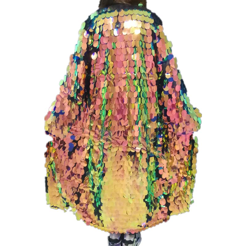 Female Long Sequins Coats Loose Long Sleeve Gold Red Green Pink Silver Casual Jackets Prom Party Singer Dancer One Size