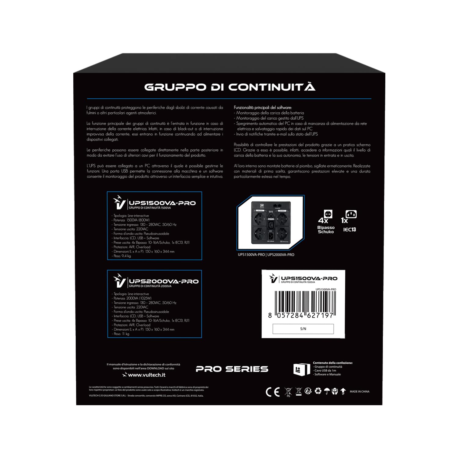 VulTech UPS1500VA-PRO Line Interactive - Alimentation sans Interruption avec écran LCD, Noir, Version Italienne
