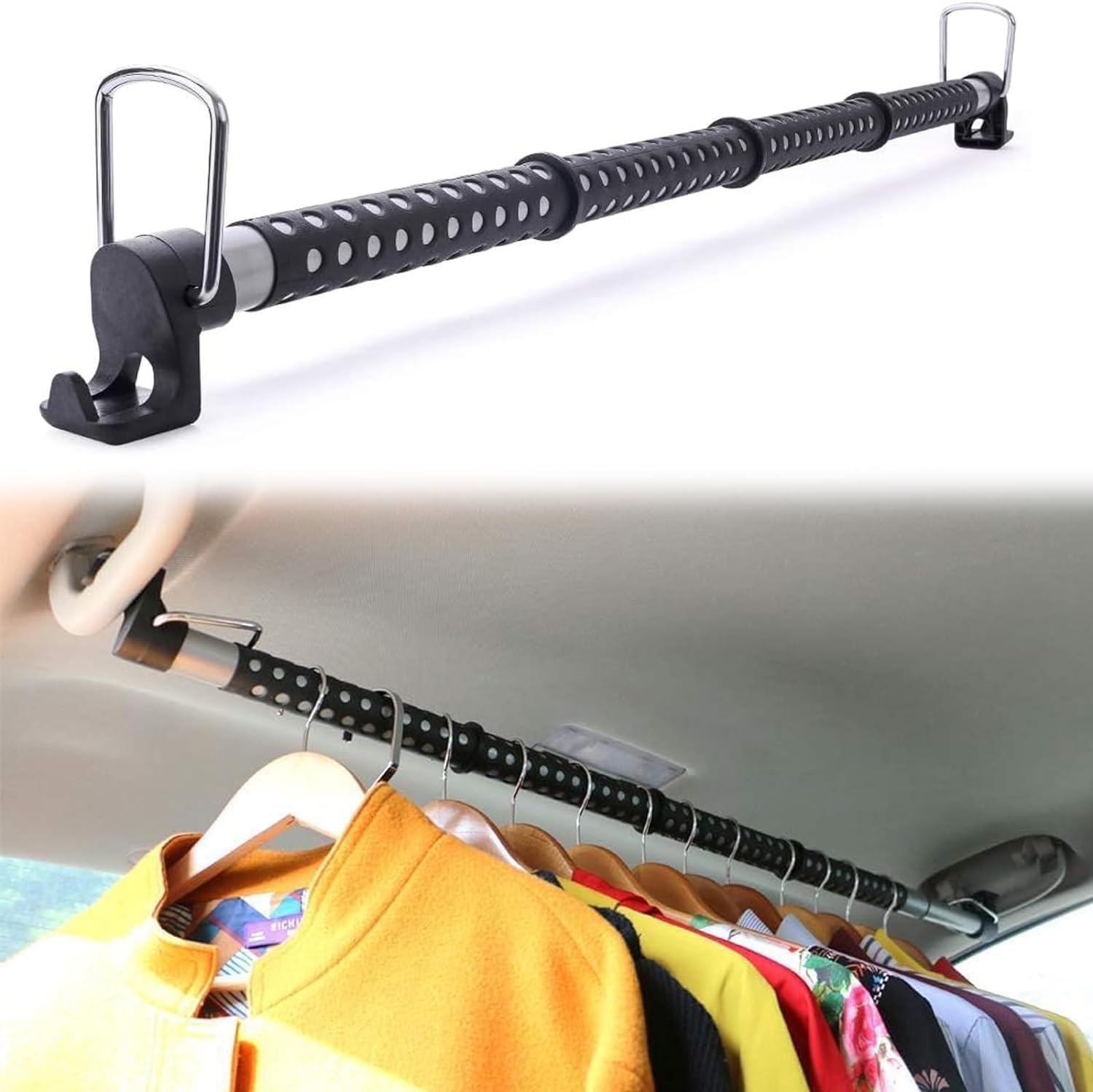 Dsocool Rubber Car Clothes Hanger Bar, Expandable Heavy Duty Car Clothes Rack Expanded to 162cm, Suitable for Most Cars, Trucks, SUVs, Vans, RVs, Road Travelers, Black