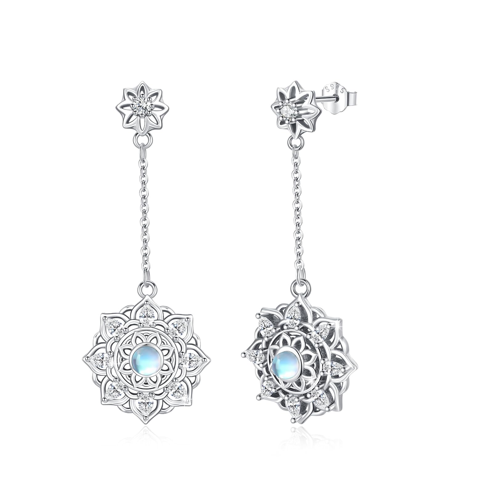 TRISHULA Lotus Earrings 925 Sterling Silver Mandala Drop Earrings Lotus Moonstone Dangle Earrings Lotus Flower Earrings Lotus Flower Jewelry Gift for