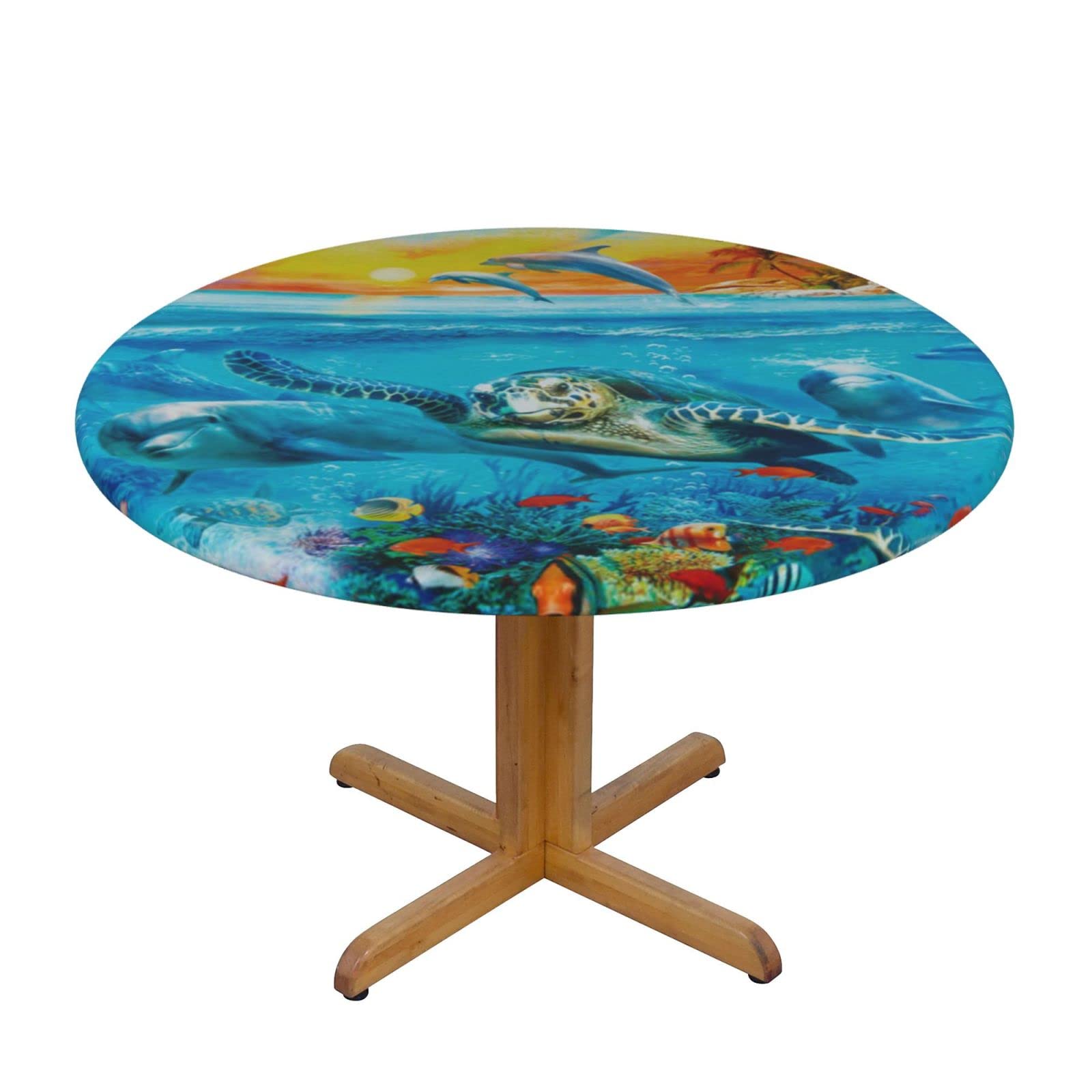 Lsjuee Round Fitted Tablecloth 45-50in Elastic Edged Table Cloth for Kitchen Dining Party Home Decor - Ocean Animals Dolphins Turtles