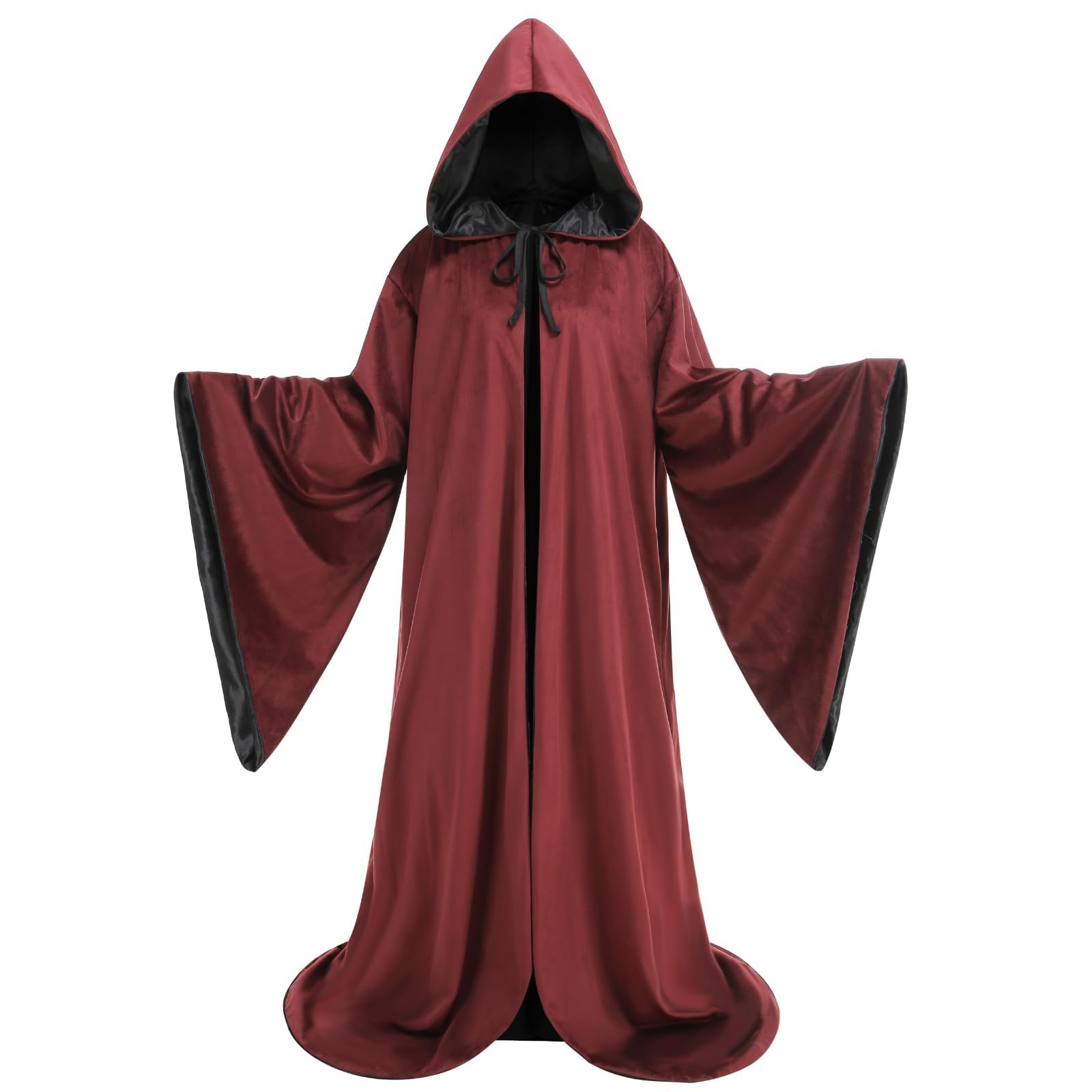 RRCBMD Two-Sided Wizard Robe Wizard Costume Claret Cloak with Hood Warlock Robe Cloak with Sleeves (Claret-170CM)