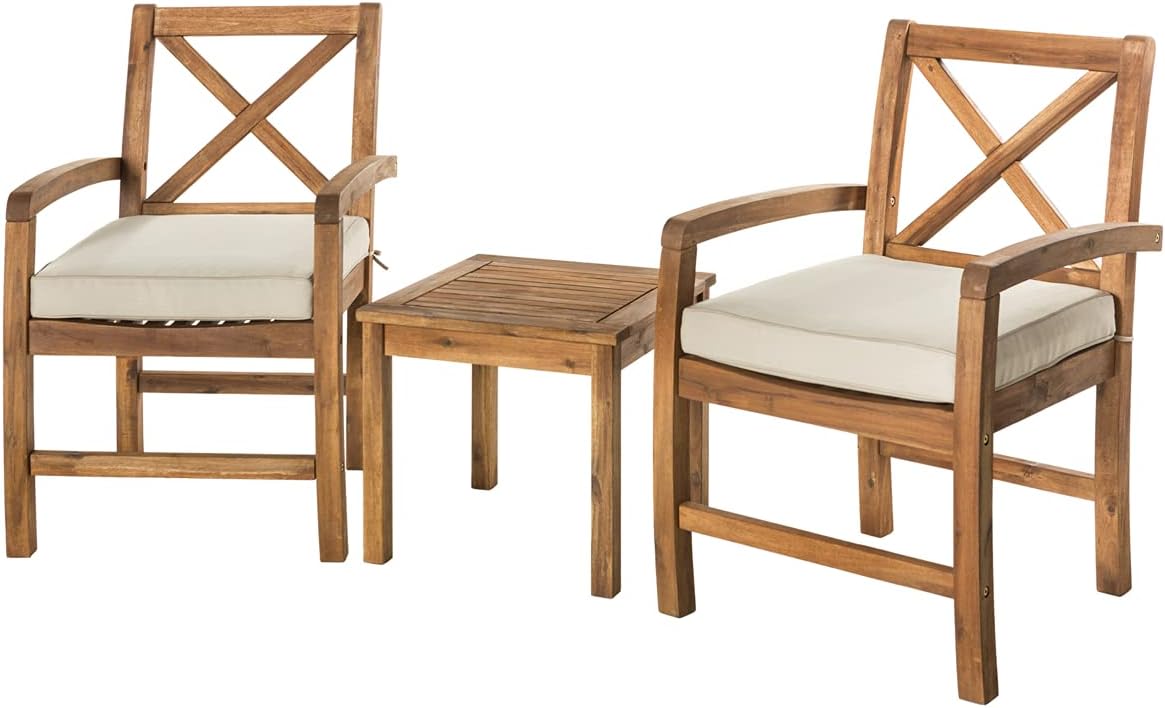 Walker Edison Delray Classic 3 Piece Acacia Wood Outdoor Patio Chair and Side Table Set, Set of 3, Brown