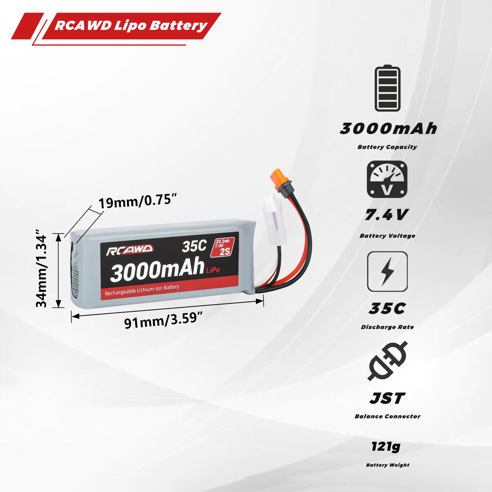 Amazon.com: RCAWD 7.4V Lipo Battery 2S 35C with JST Plug IC2