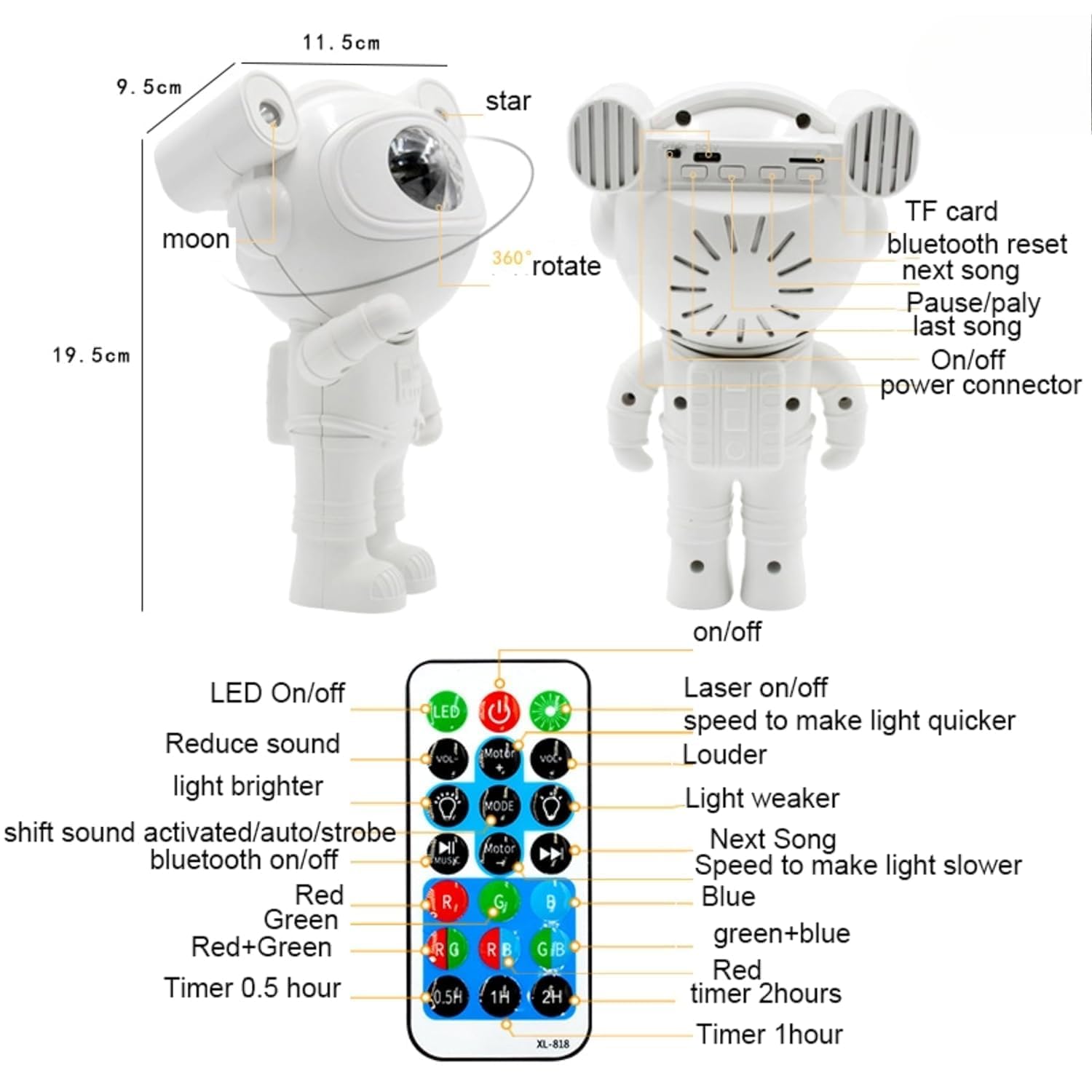 rhonnium Space Decor Astronaut Speaker Projector Lamp Bluetooth Speaker