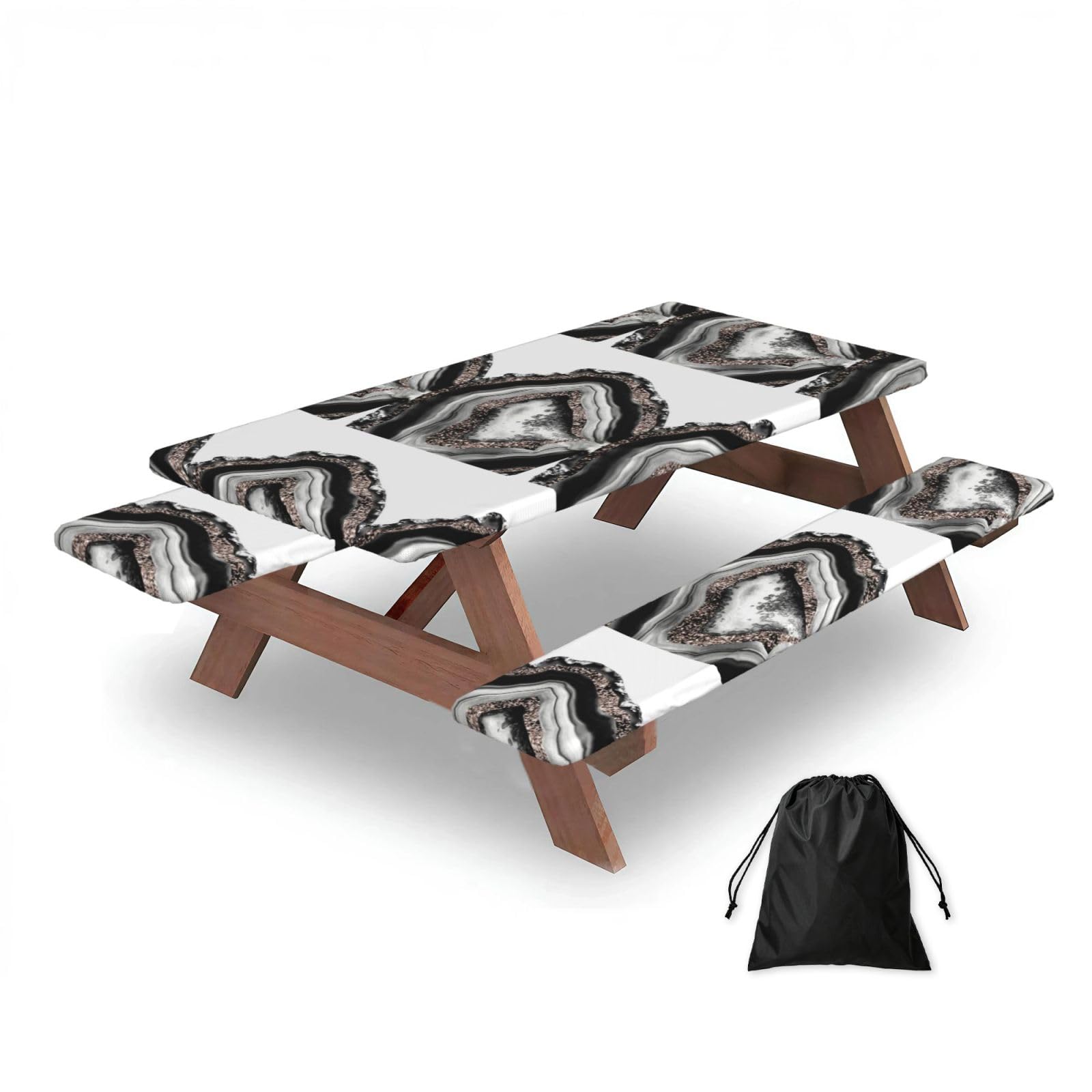 Dopklna As Picture Agate Rose Gold Glitter Glam Gem Decor Art, Picnic Table Cover With Bench Covers -Waterproof Elastic Fitted Tablecloth For Garden Camping Patio 76X152cm