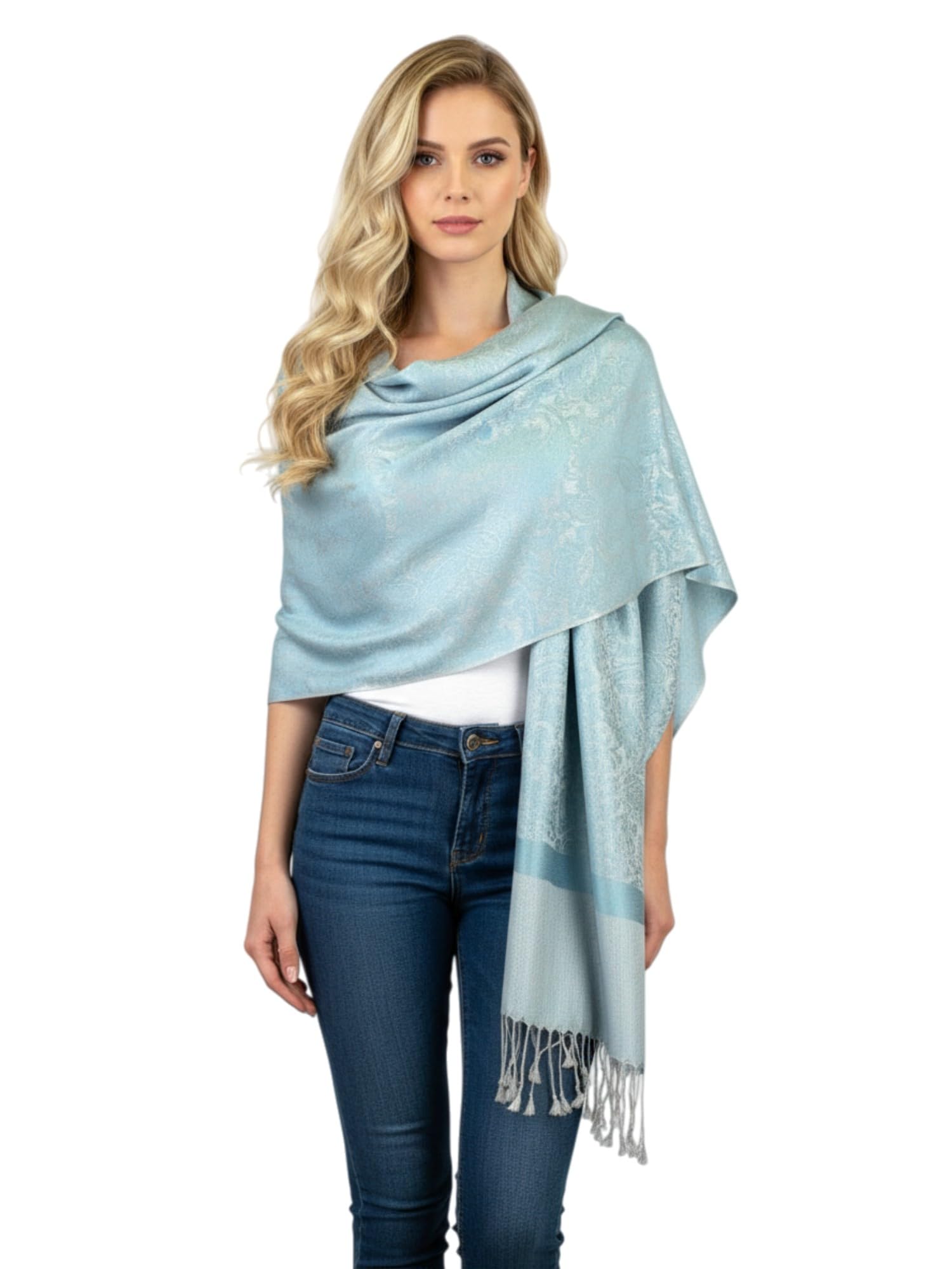 PASKMLNA Paisley Jacquard Pashmina Shawl Wrap Scarf Stole, Skyblue, Large