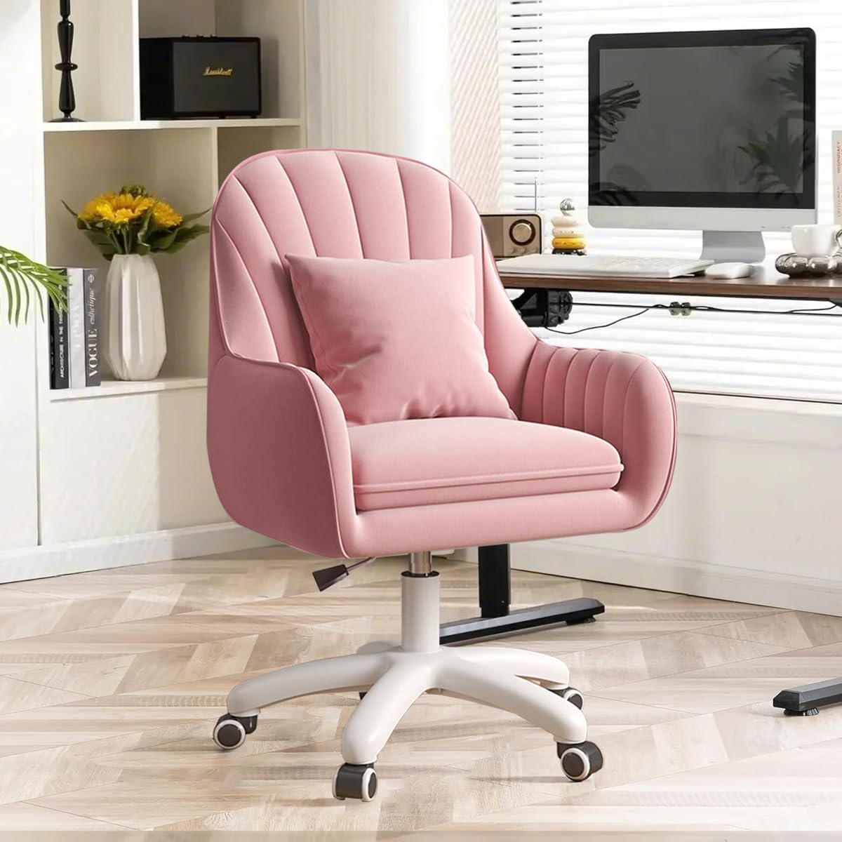 WXJHL Home Office Chair Velvet Vanity Chairs Cute Makeup Desk Chair with Wheels Mid Back Computer Chairs Height Adjustable Small Swivel Rolling Task ChairοΌPink,velvet,43 * 46 * 71οΌ
