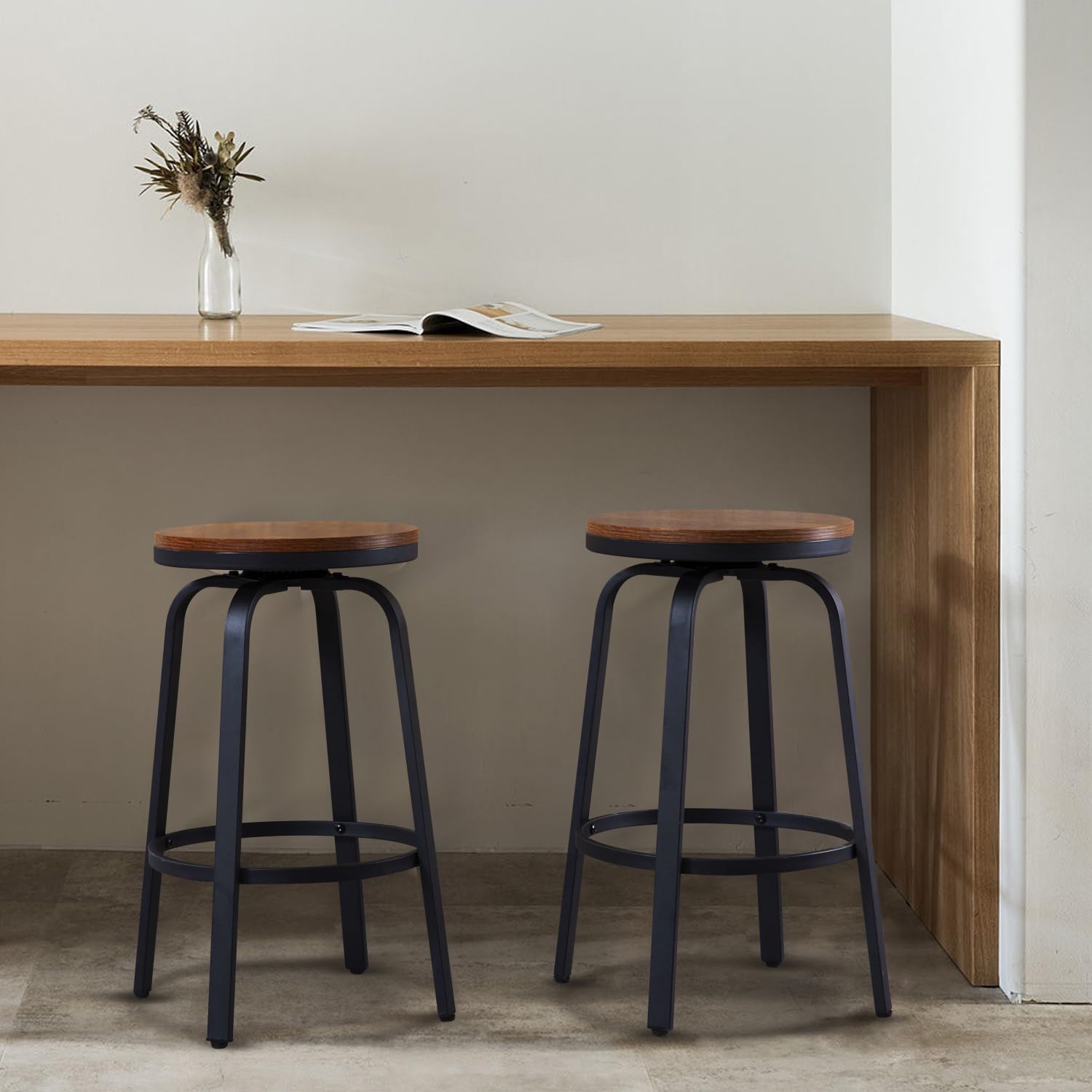 Fefances Bar Stools Set of 2 for Kitchen Island Round Bar Chairs with Footrest 24 Inch Swivel Counter Height Bar Stools for Kitchen Counter Dining Room Industrial Brown Wooden Barstools