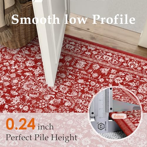 Christmas Runner Rug 2x6 Red Washable Hallway Carpet Retro Floral Holiday Decorative Non Slip Low Pile Soft Throw Long Xmas Rug for Kitchen Bedroom Bathroom