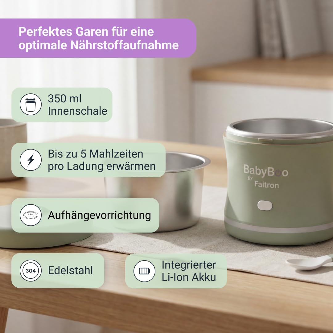 BABYBOO Tragbarer Babykostwärmer mit extra Innenschalen | Babynahrung mit Akku, App-Steuerung, 70 W, LED-Ring, bis zu 45 °C, abnehmbarer Behälter, USB-C – Zuhause und Reisen
