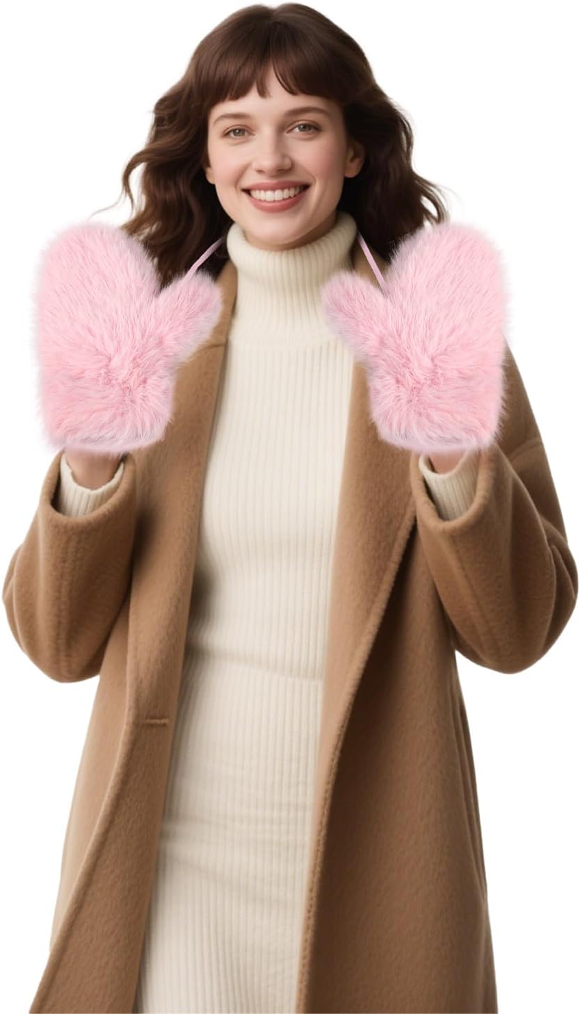 Womens Plush Mittens Winter Warm Furry Gloves with String Soft Cozy Fleece Lined Full Finger Hand Warmer