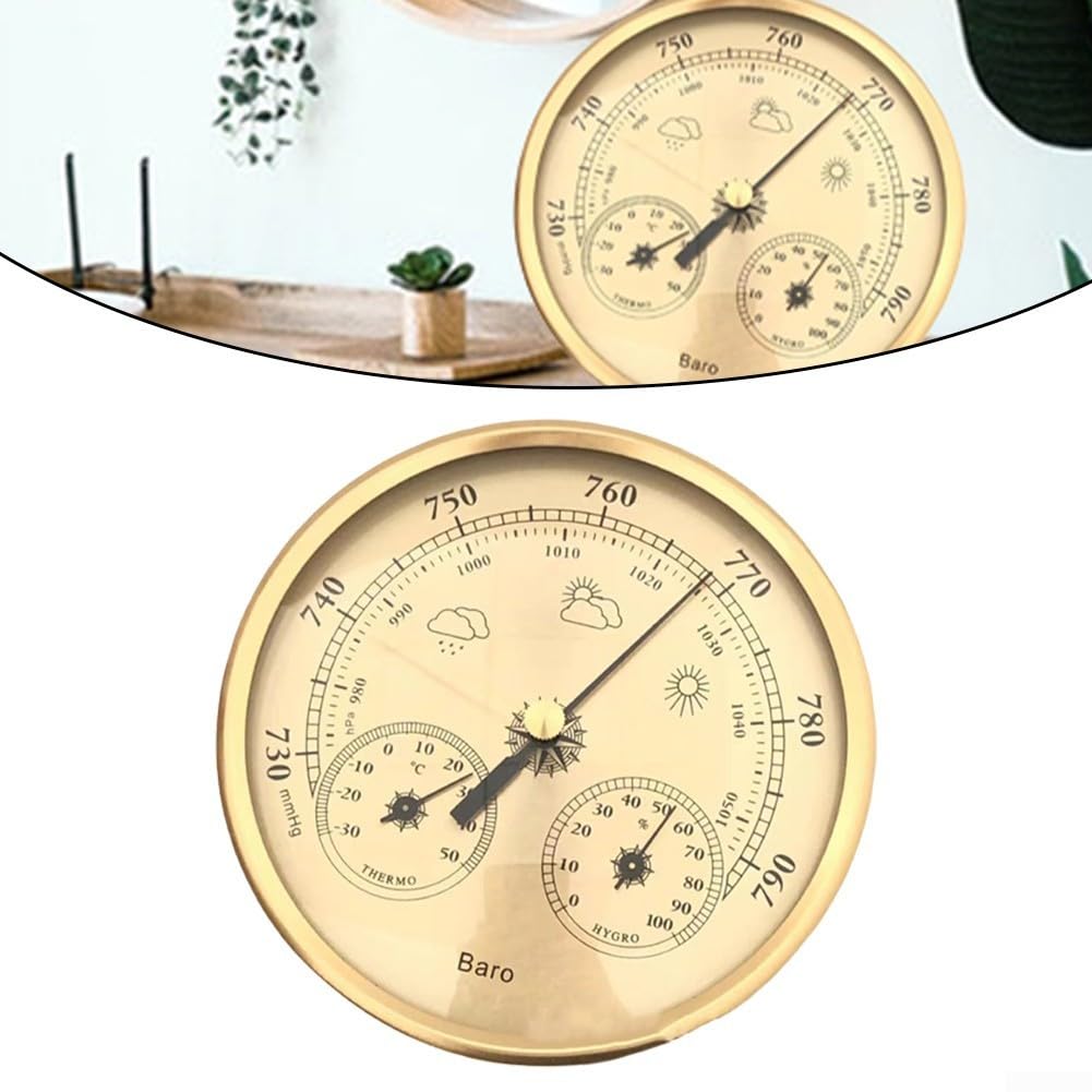 Zilimontt Barometro analogico con termometro e igrometro, stazione meteo 3 in 1 per interni ed esterni, telaio in acciaio inossidabile (oro), design orientato all'utente per una facile lettura