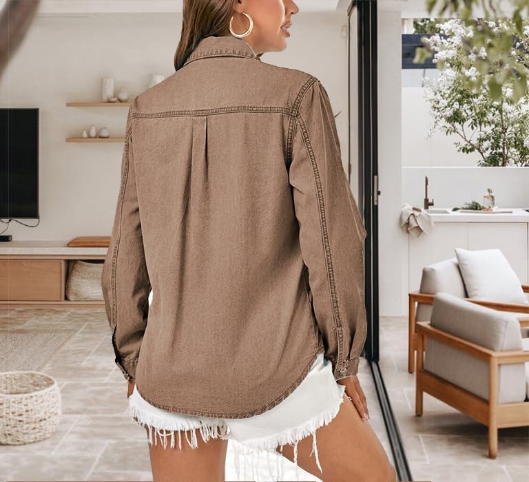 Denim Shirt Women Button Down Long Sleeve Chambray Western Jean Shirts Collared Casual Denim Tops - Image 5