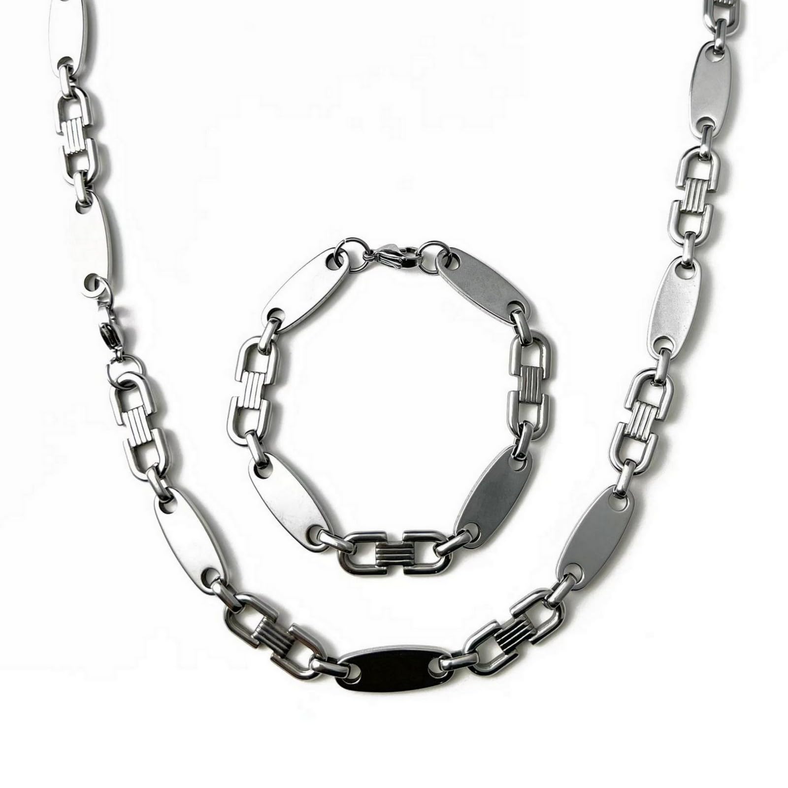 Plattenkette Set Edelstahl 60cm 4mm bis 10,5mm Cuban Halskette + Armband Platten Kette (6,5mm x 60cm, Plattenkette Silber)