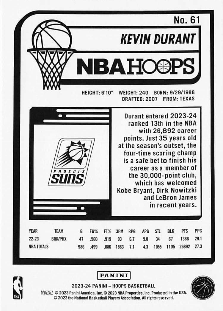 Amazon.com: 2023-24 Panini NBA Hoops #61 Kevin Durant