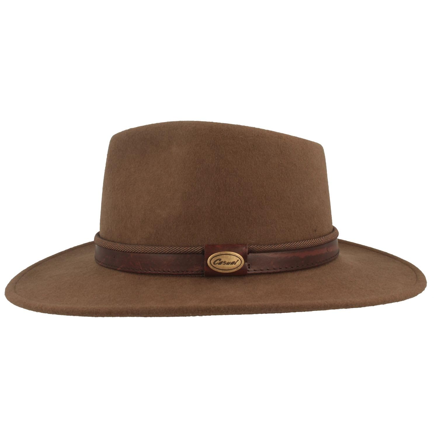 Breiter Sombrero Fedora Enrollable Trekking 100% Lana de Fieltro, Impermeable y Flexible, Ribete de Piel Cuero, Unisex (Color y Talla Elegir)